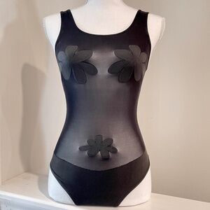 Italian Peak-a-Boo Flower Power Black One Piece Bathing Suit